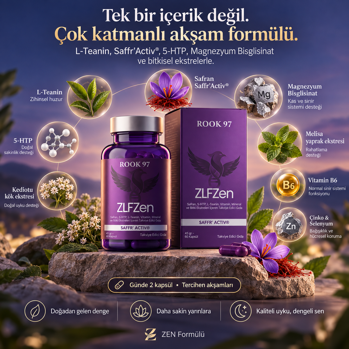 ZLF Zen Saffr’Activ® Safran, L-Teanin, 5-HTP ve Magnezyum Bisglisinat İçeren Çok Katmanlı Formül